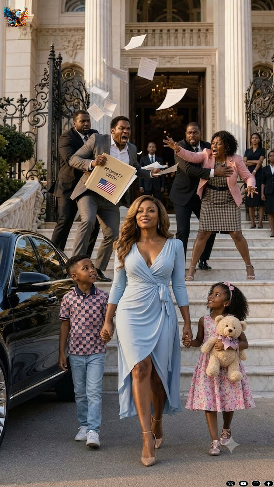 The afternoon I rushed home with our two kids to tell my husband I’d inherited $24 million and a Manhattan skyscraper, I found him waiting with his mistress and divorce papers. She smirked, “Pack your bags. This house has no room for a leech.” I smiled, unfolded one document, and said, “Actually… this house belongs to me.” Seconds later, two security officers walked up the driveway.