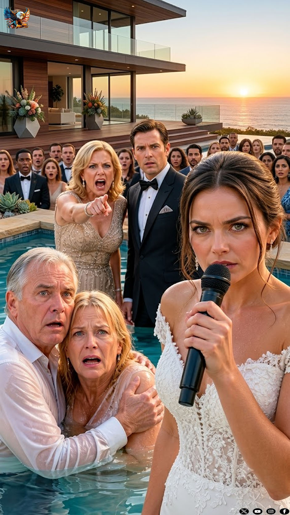 At my wedding, my mother-in-law looked my parents up and down with disgust and scoffed, “I’ve never seen such a miserable, poor family.” Then she pushed them into the pool, laughing, “Time to rinse off that smell of poverty.” My fiancé never lifted a finger. I walked to the microphone and said, “The wedding is canceled—and by tomorrow morning, your family empire will collapse.” Then I placed one phone call.